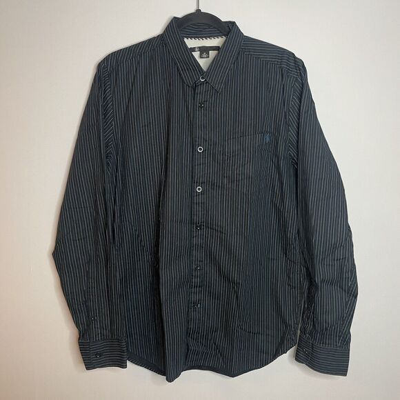 Volcom Shirt Mens Medium Black Long Sleeve‎ Button Up Striped X Factor Pockets - Picture 1 of 4